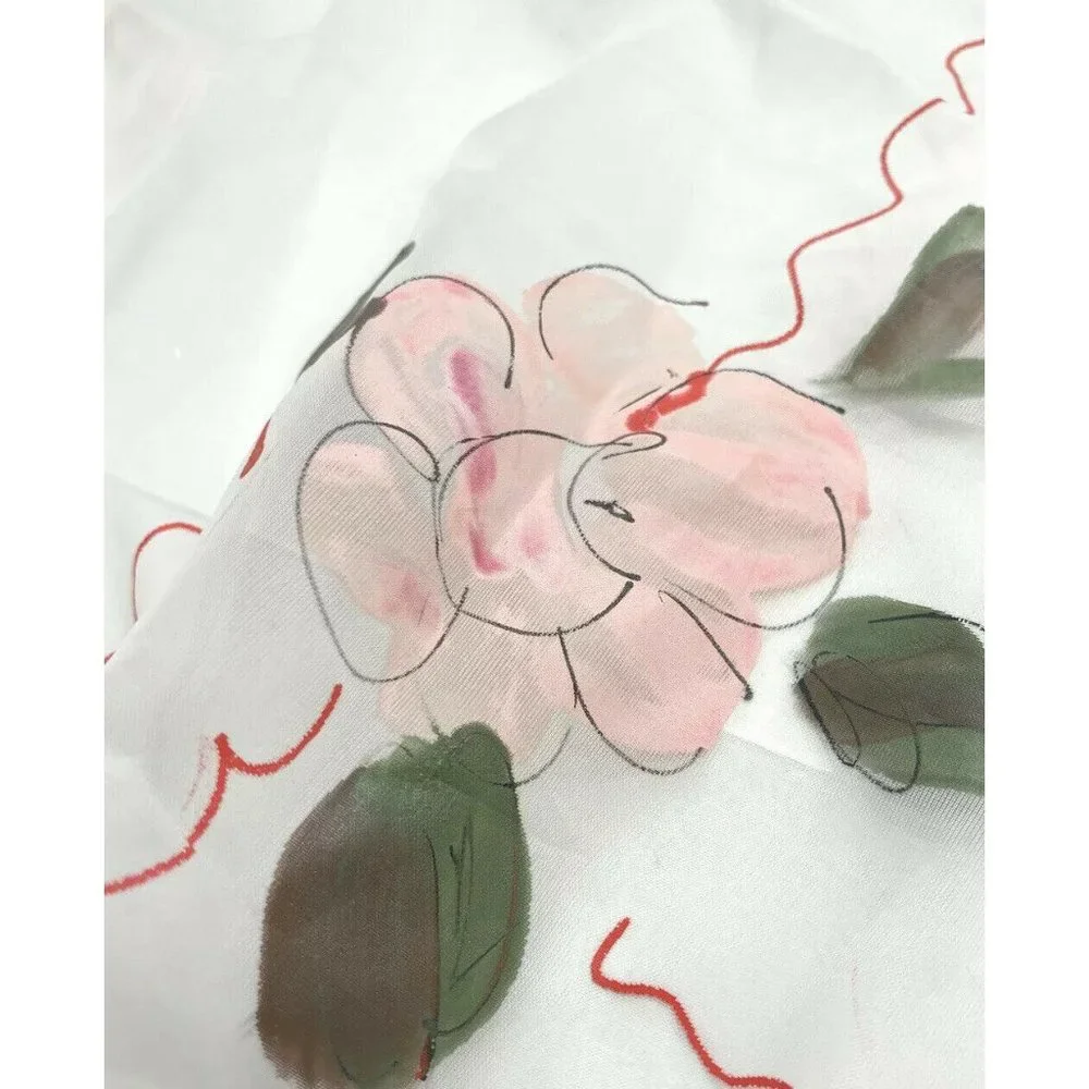 Vintage 1960s Sheer White Valances Curtains 4 Made Japan Hand Painted Pink Red